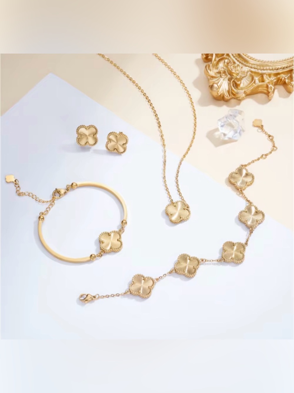 Gold Four-Leaf Clover Pendant Necklace and Bracelet SET OF 4 items - Picture 3 of 8